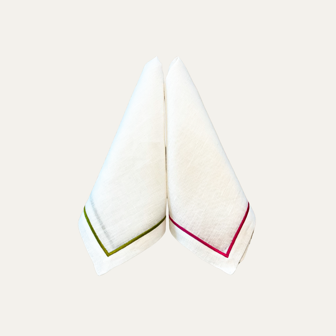 Linen Napkin with Green and Pink, Spring