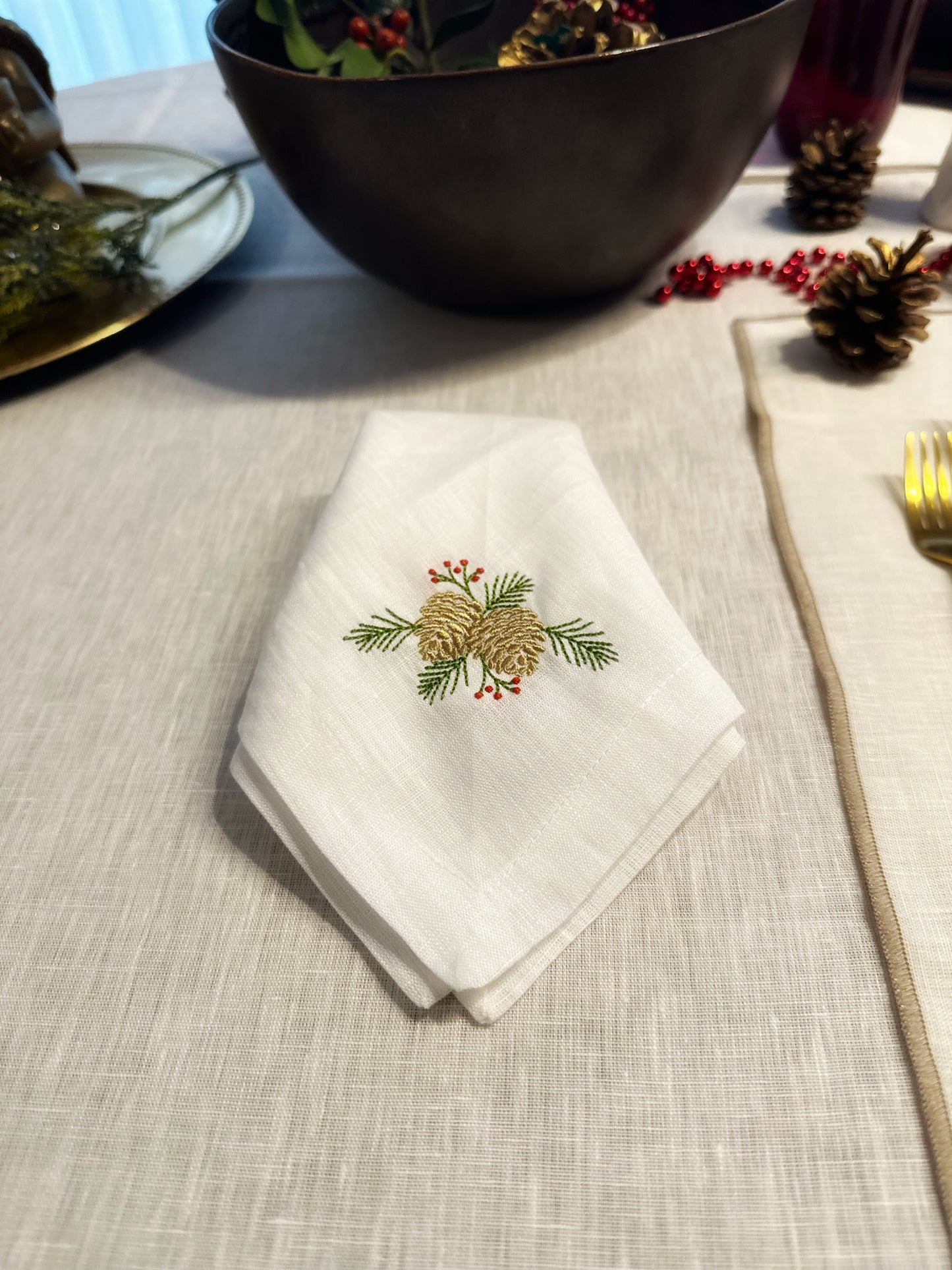 Embroidered Linen Napkin, Pine