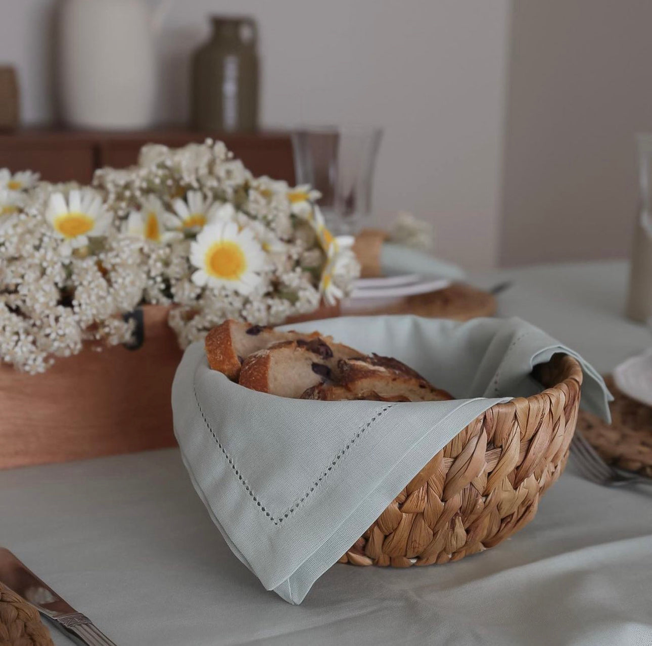 Linen Napkin with Open Stitch, Mint