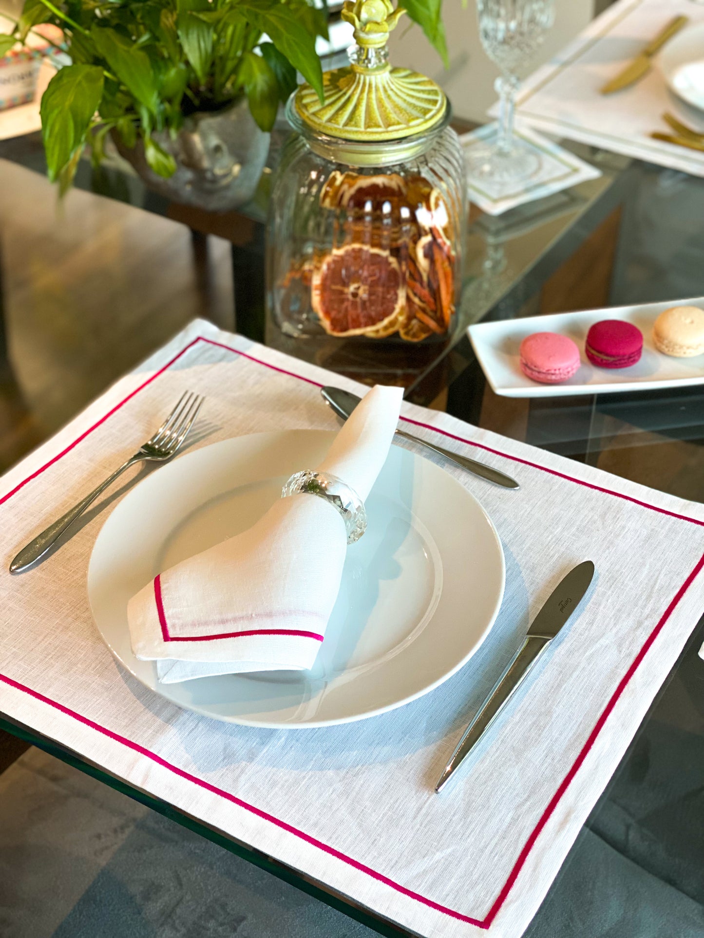 White Linen Placemat with Green and Pink, Spring