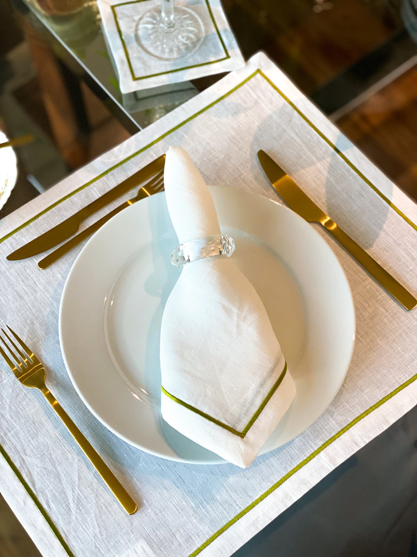 White Linen Placemat with Green and Pink, Spring